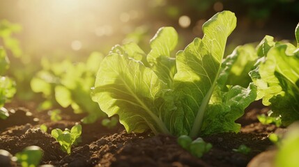 Fresh lettuce growing in rich soil with a warm sun flare, symbolizing organic farming, healthy eating, and natural growth