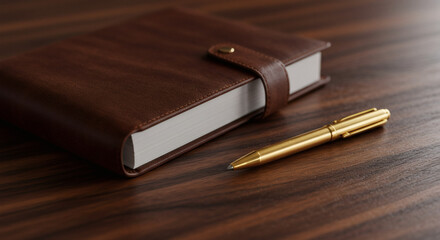 Luxurious Brown Leather Journal and Gold Pen on Wooden Desk Business and Writing Concept