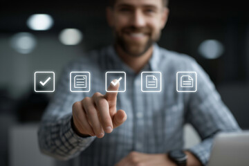 Naklejka premium A futuristic invoice management interface projected above a desk, businessman touching virtual checkboxes and document icons,