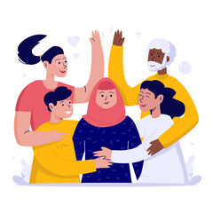 Family friendship supports each other flat vector illustration
