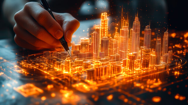 An architect brings architectural designs to life with 3D holographic construction models. The concept of innovation in architecture and futuristic design. Generative Ai.