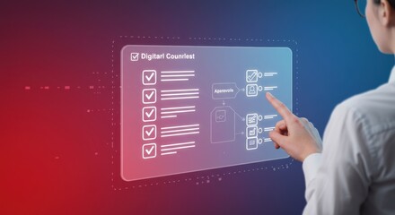 Person interacting with a digital checklist on a translucent screen with a red and blue gradient
