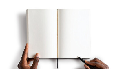 Hands holding open notebook with pen on transparent background