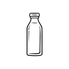 Black and white line art illustration of a milk bottle with a cap, isolated on white.
