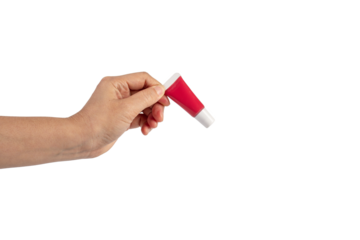 Red lipstick, small tube, and empty space and hand on transparent background.