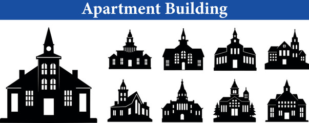 Collection of diverse black silhouette apartment buildings with varied architectural styles and windows isolated on transparent background