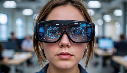 portrait of a woman wearing augmented reality glasses in an open workspace
