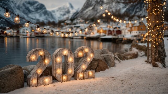 Snowy village scene at twilight, with the year 2022 illuminated by string lights
