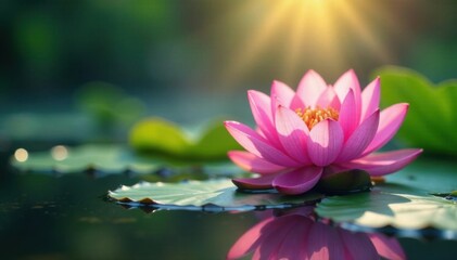 Sunbeams illuminate a vibrant pink lotus flower in clear water , peaceful, sunshine