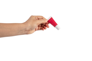 Red lipstick, small tube, and empty space and hand on transparent background.