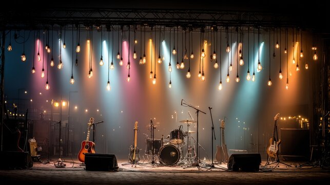 Stage setup with string lights and musical instruments