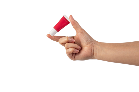 Red lipstick, small tube, and empty space and hand on transparent background. - Powered by Adobe