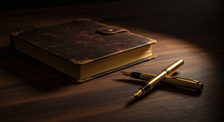 Antique Leather Journal Gold Fountain Pens Wooden Desk Still Life Photography