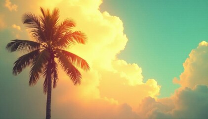 Sun-drenched vintage palm, hazy sky, textured clouds , background, summer