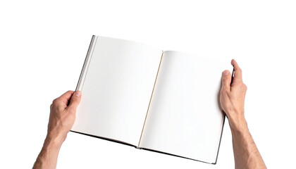 Hands holding open notebook with blank pages on transparent background