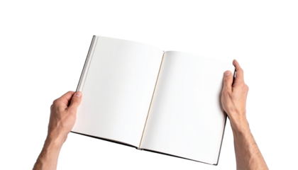 Hands holding open notebook with blank pages on transparent background