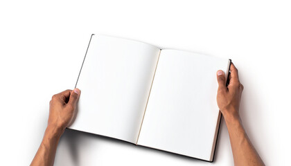Hands holding an open book with blank pages on transparent background