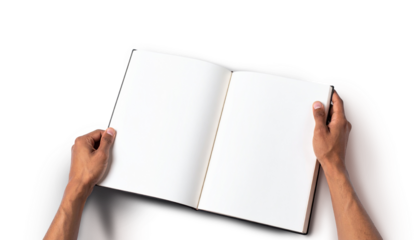 Hands holding an open book with blank pages on transparent background