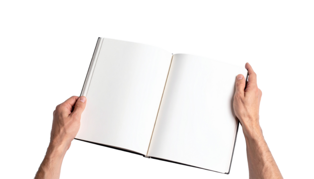 Hands holding open notebook with blank pages on transparent background