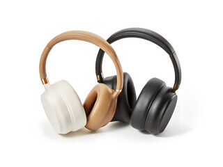 Isolated black wireless headphones for music and sound on a white background