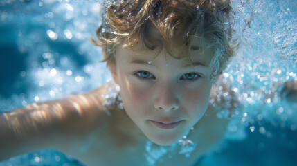 A boy learning to swim in a pool with gentle lighting