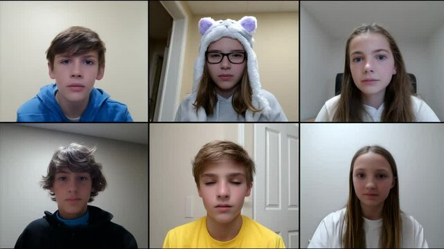 Six young participants appear focused during a virtual meeting, showcasing diverse expressions and attire. The online gathering suggests a collaborative or educational context