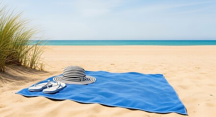 Obraz premium Beach scene with a striped hat and flip flops on a blue towel