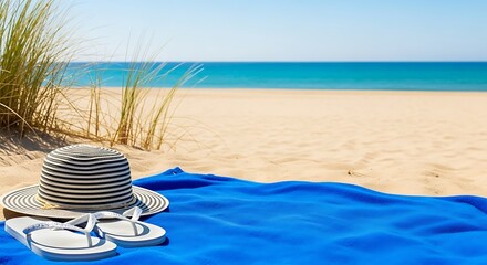 Beachside relaxation with a striped hat and flip flops on a blue towel
