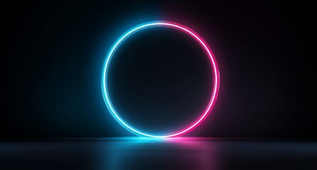 An illuminated ring with a neon futuristic look is formed by an abstract glowing circle on a dark backdrop, emitting vibrant pink and blue light rays outwardly