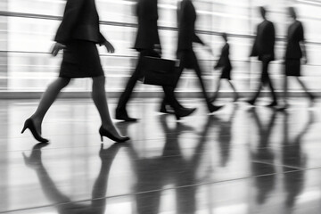 Blurred Business People Walking in Modern Office Corridor