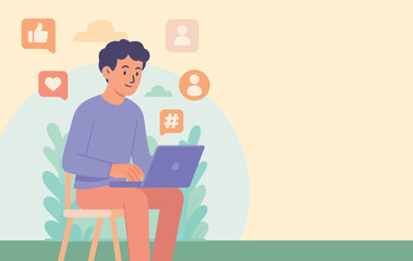 Flat Design Character Illustration of a Social Media Worker Using a Laptop Outdoors with Nature Background, Surrounded by Digital Icons in Soft Pastel Colors, Perfect for Web and Social Media Content
