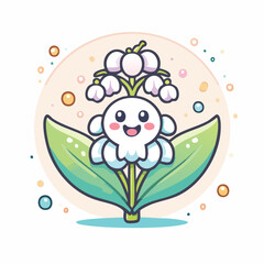 Cute Chibi Lily of the Valley – Flat Vector Flower with Bold Outlines and Simple Kawaii Style

