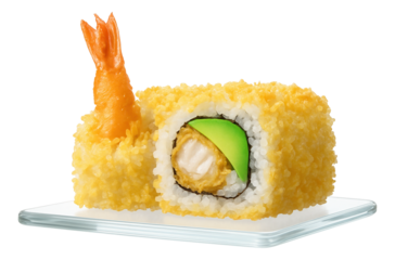 Tempura shrimp uramaki featuring crispy shrimp and avocado, dusted with tempura flakes on a glass serving plate.