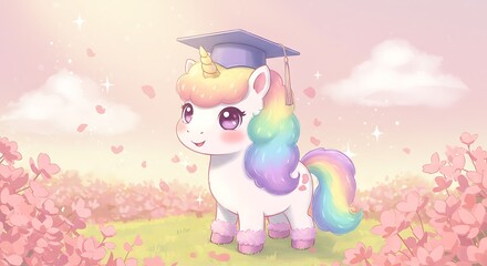 卒業式ユニコーン：春の優しい水彩画