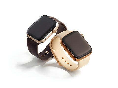 Isolated objects on white, including a black mobile phone, wrist watch, and digital communication devices