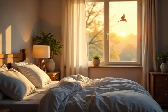 A gentle sunrise illuminates a bedroom, birds chirping outside an open window, sunlight streaming onto a softly made bed; a peaceful awakening , sounds, sheets