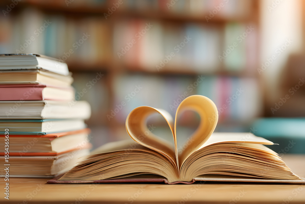 Poster love story book with open page of literature in heart shape and stack piles of textbooks on reading 