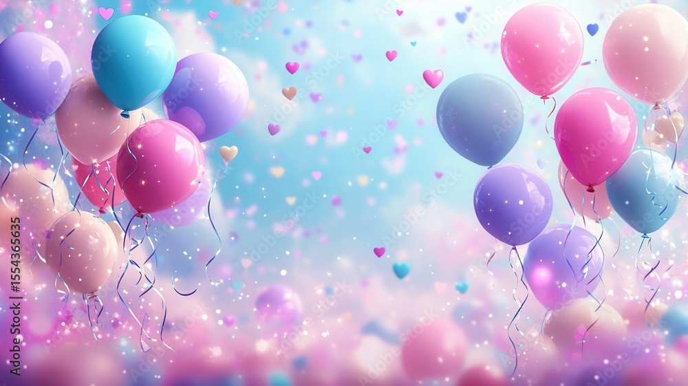 Poster balloons background floating on a pastel colorful with sparkling confetti create a festive birthday 