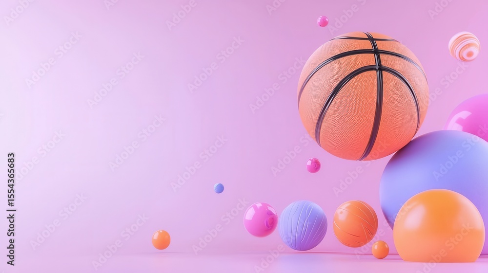 Poster metallic basketball rotating on a wet surface with a sparkling, glowing background, creating dynamic