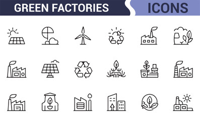 Minimalist vector symbols representing environmentally-conscious manufacturing and technology.