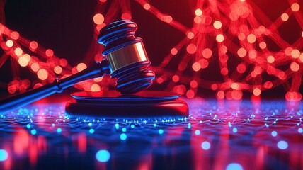 Gavel resting on sound block board, digital circuit on representing cyber law, online auction, or digital justice