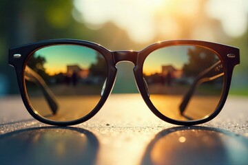 A pair of stylish sunglasses mirrored, reflecting a sunny outdoor scene Perfect for themes of friendship, unity, and shared experiences , connection, optimistic, hot
