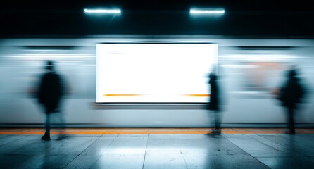 On a train platform, a blank billboard is positioned as trains hurry past in a blur, evoking a sense of urban commute and motion, with passengers strolling alongside the empty advertising area