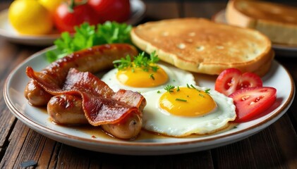 A sizzling plate of sausages, eggs, and bacon, perfectly cooked for a hearty breakfast Fluffy pancakes and crispy toast complete this delicious morning meal , toast, country breakfast