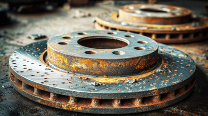 Close-up of rusty brake discs being replaced with new ones, high detail texture, mechanical wear and contrast in car maintenance