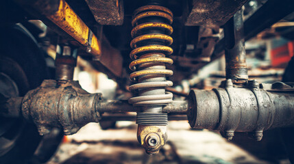 Macro shot of suspension system during car inspection, visible shock absorber and dirt-covered undercarriage, high mechanical detail