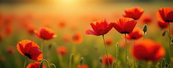 Obraz premium A vibrant field of red poppies swaying gently in the breeze, bathed in golden sunlight Perfect for themes of remembrance, beauty, and nature's delicate strength , flowers, tranquility