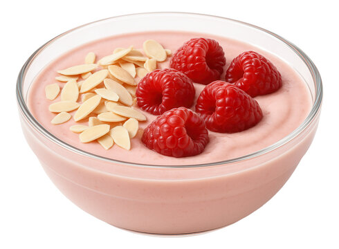Camu camu smoothie bowl with a topping of sliced almonds and raspberries in a clear bowl.