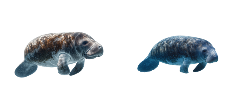 Swimming manatees in crystal clear waters underwater scene marine life tranquil environment cut out set png