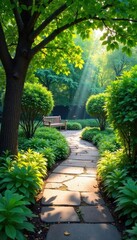 Fototapeta premium A winding garden path bordered by lush greenery, leading to a tranquil seating area Sunlight filters through the leaves, creating a dappled effect on the stone path , winding, destination